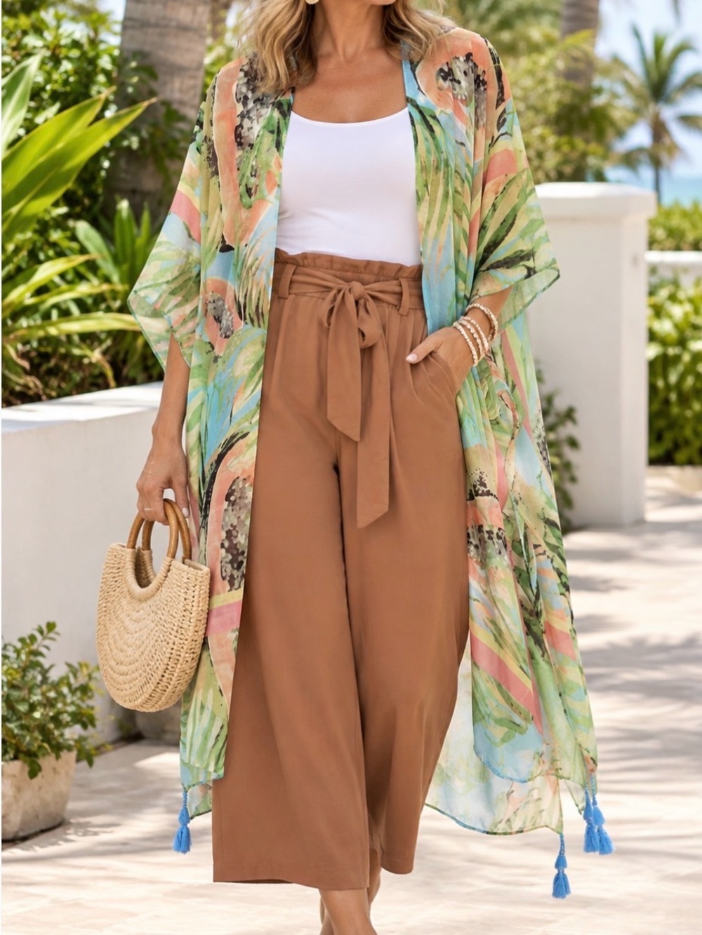 High-Waist Paperbag Cropped Wide-Leg Pants - Brown